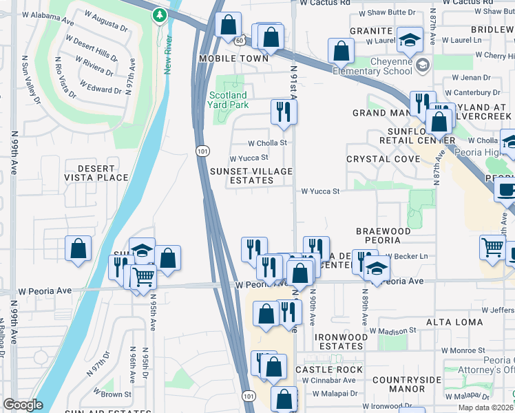 map of restaurants, bars, coffee shops, grocery stores, and more near 11000 North 91st Avenue in Peoria