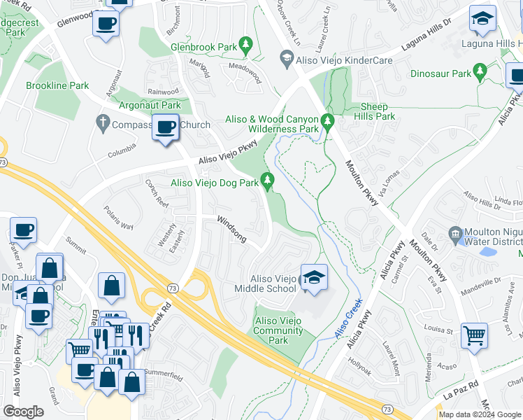 map of restaurants, bars, coffee shops, grocery stores, and more near 109 Cloudcrest in Aliso Viejo