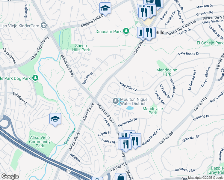 map of restaurants, bars, coffee shops, grocery stores, and more near 26123 Sunnyglen Avenue in Laguna Hills