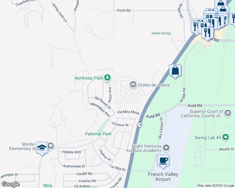 map of restaurants, bars, coffee shops, grocery stores, and more near 36628 Diego Springs Avenue in Murrieta