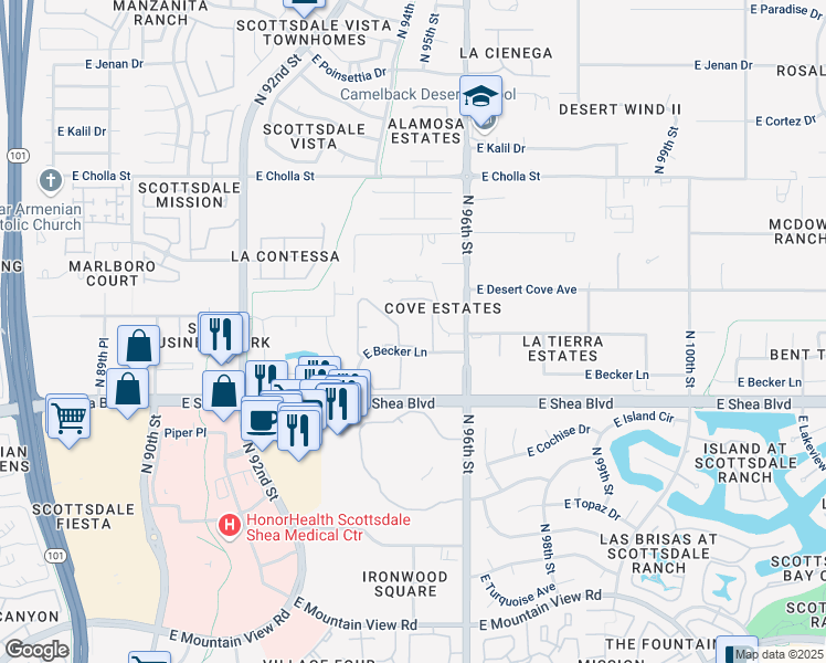 map of restaurants, bars, coffee shops, grocery stores, and more near 9494 East Becker Lane in Scottsdale
