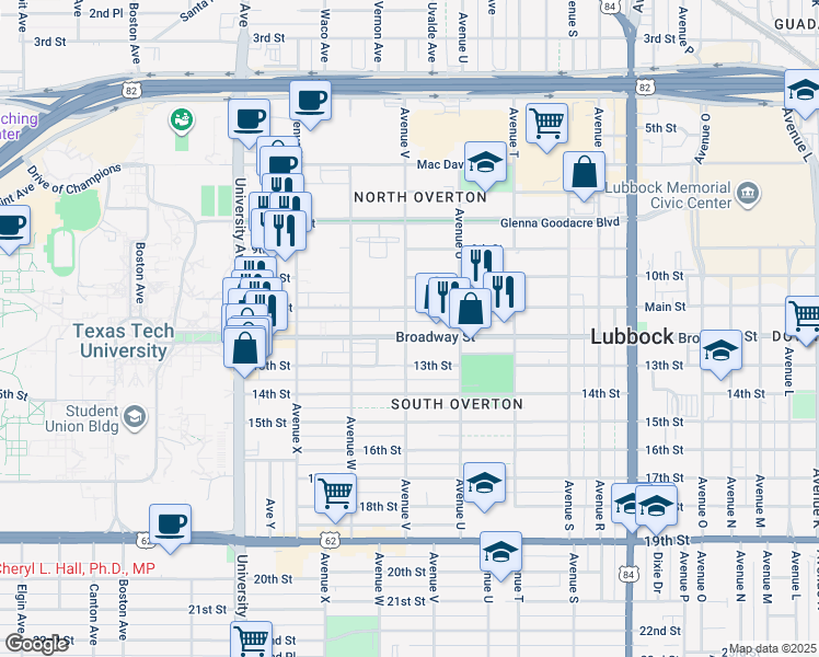 map of restaurants, bars, coffee shops, grocery stores, and more near 2118 Broadway Street in Lubbock