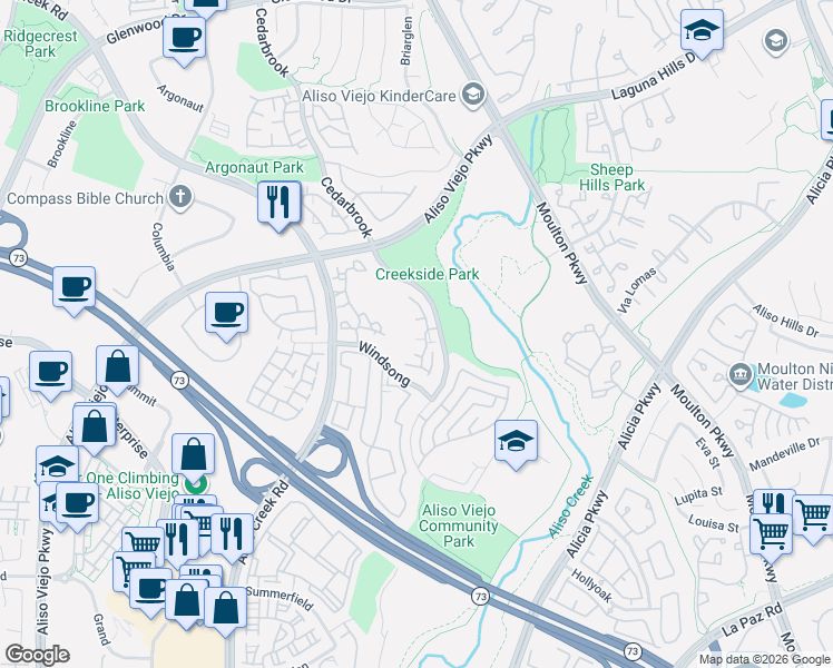 map of restaurants, bars, coffee shops, grocery stores, and more near 100 Cloudcrest in Aliso Viejo