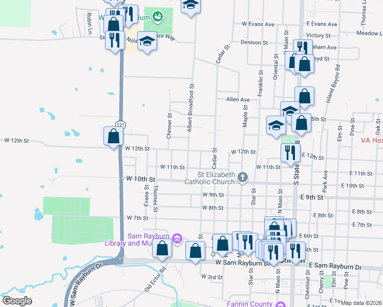 map of restaurants, bars, coffee shops, grocery stores, and more near 1120 Albert Broadfoot Street in Bonham