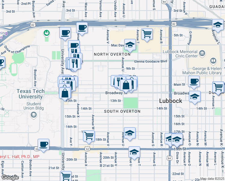 map of restaurants, bars, coffee shops, grocery stores, and more near 2118 Broadway Street in Lubbock