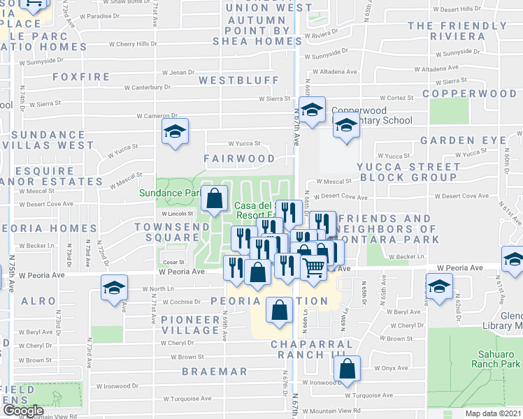 map of restaurants, bars, coffee shops, grocery stores, and more near 10960 North 67th Drive in Peoria