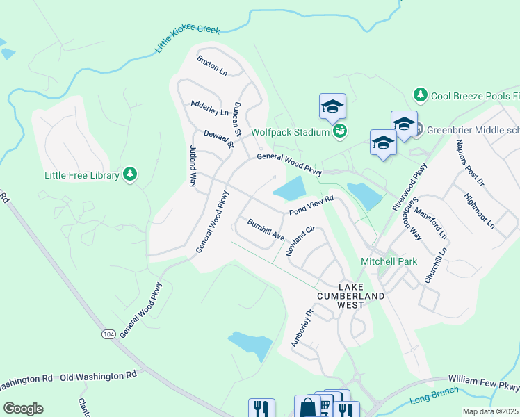 map of restaurants, bars, coffee shops, grocery stores, and more near 150 Pond View Road in Evans