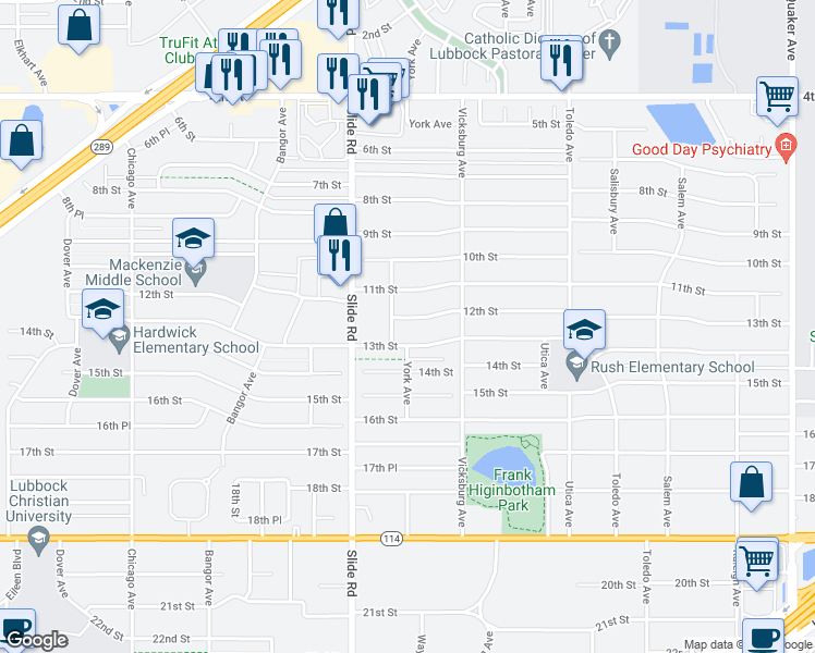 map of restaurants, bars, coffee shops, grocery stores, and more near 4919 12th Street in Lubbock