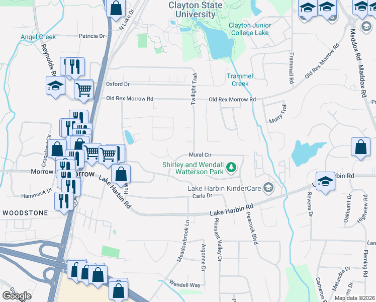map of restaurants, bars, coffee shops, grocery stores, and more near 1828 Mural Circle in Morrow
