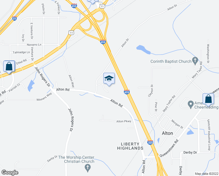 map of restaurants, bars, coffee shops, grocery stores, and more near 1221 Alton Drive in Birmingham