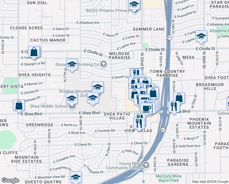 map of restaurants, bars, coffee shops, grocery stores, and more near 3040 East Shea Boulevard in Phoenix