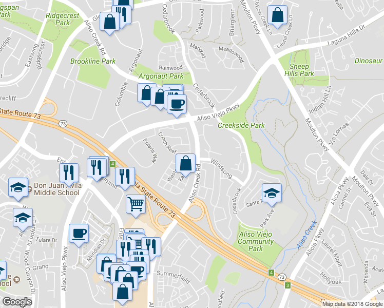 map of restaurants, bars, coffee shops, grocery stores, and more near 80 Tortuga Cay in Aliso Viejo