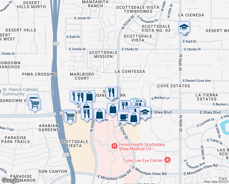 map of restaurants, bars, coffee shops, grocery stores, and more near 9185 East Desert Cove Avenue in Scottsdale