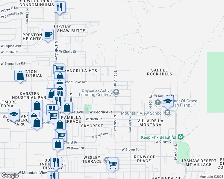 map of restaurants, bars, coffee shops, grocery stores, and more near 1518 West Mercer Lane in Phoenix