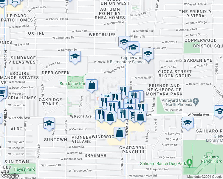 map of restaurants, bars, coffee shops, grocery stores, and more near 10960 North 67th Drive in Peoria