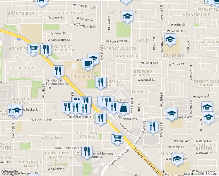 map of restaurants, bars, coffee shops, grocery stores, and more near 11113 North 82nd Drive in Peoria