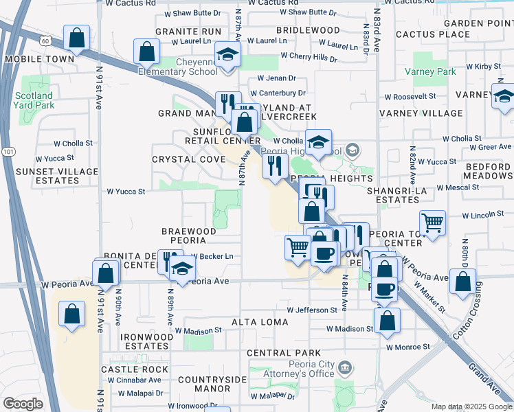 map of restaurants, bars, coffee shops, grocery stores, and more near 18 North 87th Avenue in Peoria
