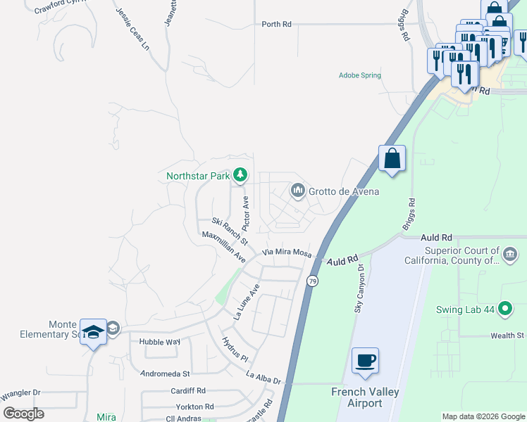map of restaurants, bars, coffee shops, grocery stores, and more near 36830 Pictor Avenue in Murrieta