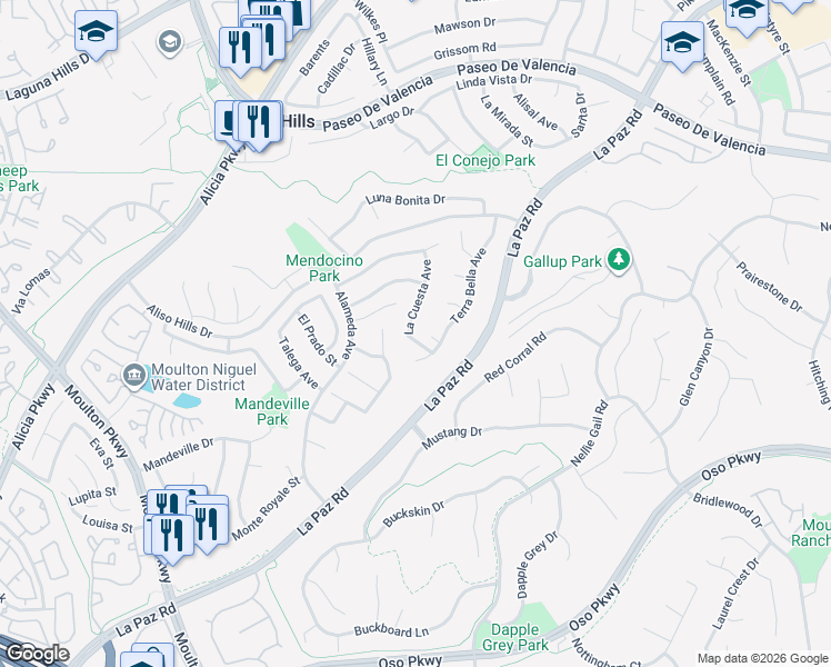 map of restaurants, bars, coffee shops, grocery stores, and more near 25982 La Cuesta Avenue in Laguna Hills
