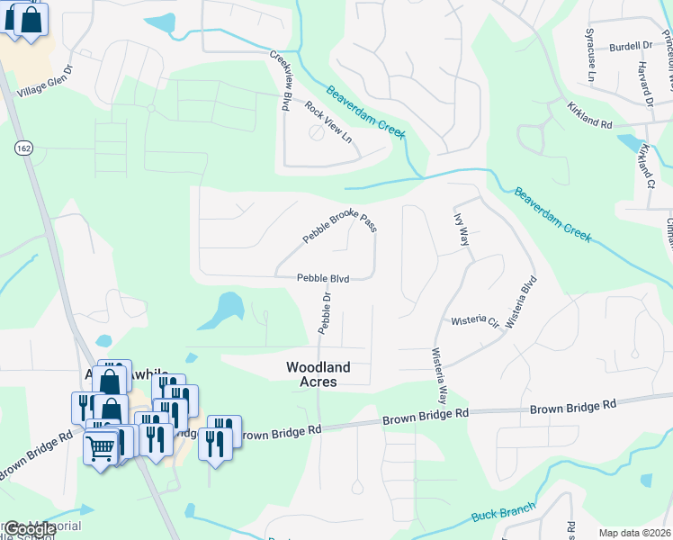 map of restaurants, bars, coffee shops, grocery stores, and more near 420 Pebble Boulevard in Covington
