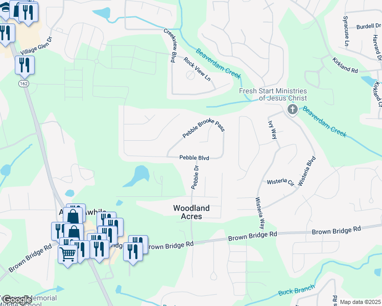 map of restaurants, bars, coffee shops, grocery stores, and more near 450 Pebble Boulevard in Covington