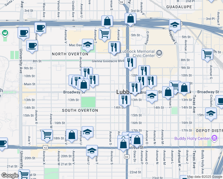map of restaurants, bars, coffee shops, grocery stores, and more near 1812 Broadway Street in Lubbock