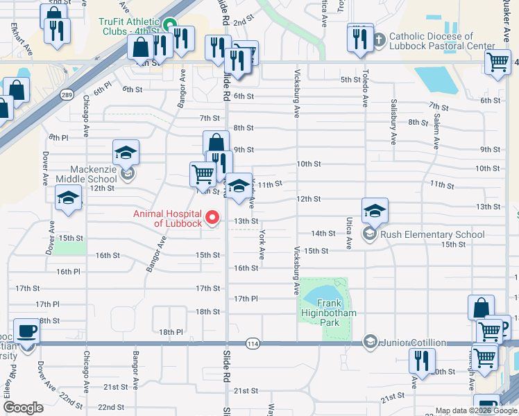 map of restaurants, bars, coffee shops, grocery stores, and more near 4921 12th Street in Lubbock