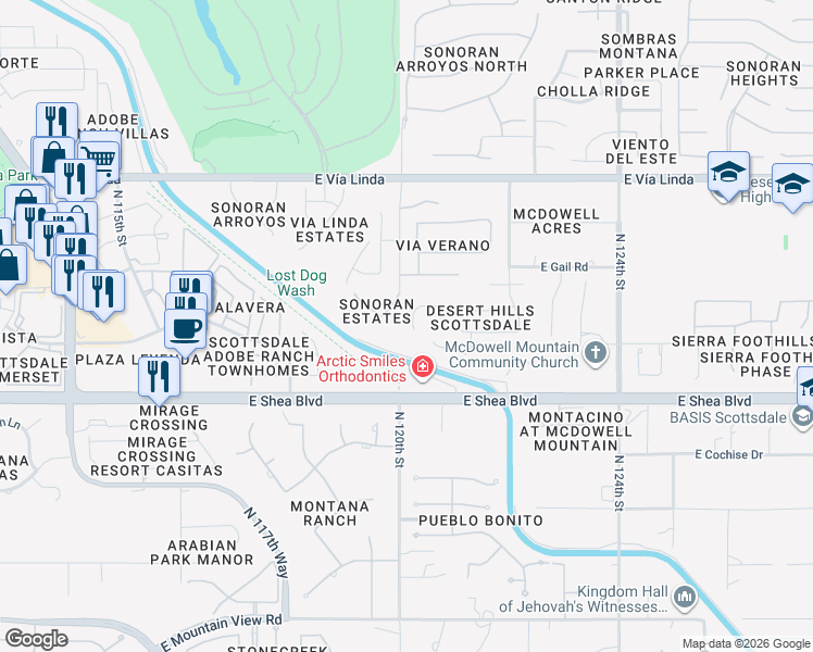 map of restaurants, bars, coffee shops, grocery stores, and more near 10852 North 120th Place in Scottsdale