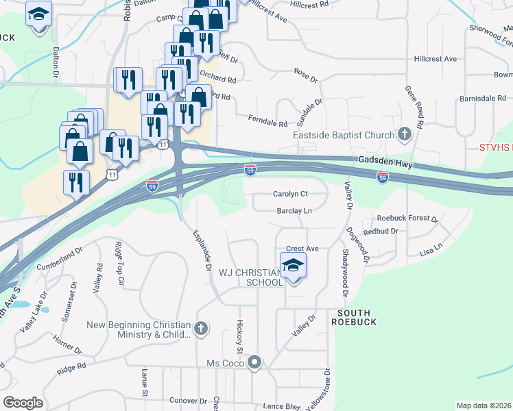 map of restaurants, bars, coffee shops, grocery stores, and more near 601 Barclay Lane in Birmingham