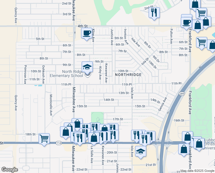 map of restaurants, bars, coffee shops, grocery stores, and more near 1101 Kewanee Avenue in Lubbock