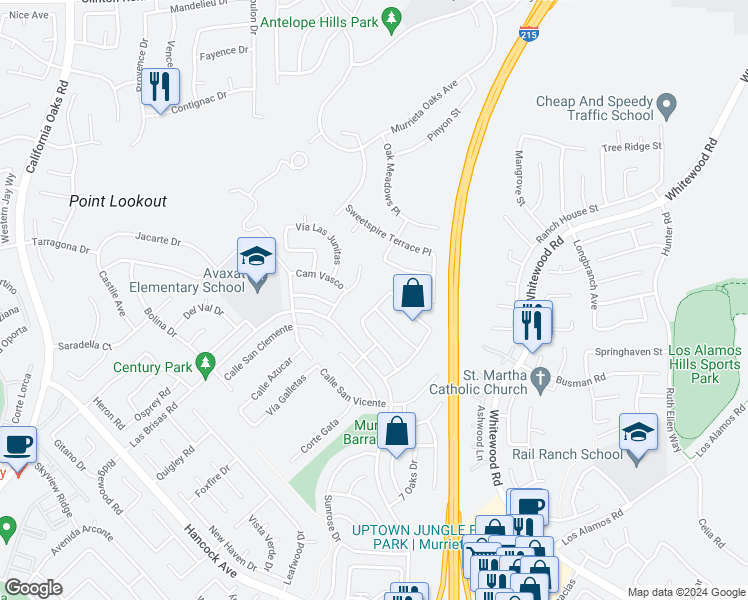map of restaurants, bars, coffee shops, grocery stores, and more near 39135 Vía Las Sintras in Murrieta