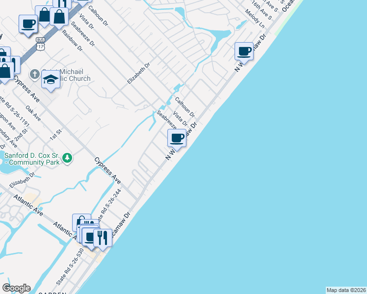 map of restaurants, bars, coffee shops, grocery stores, and more near 1012 Rainbow Drive in Murrells Inlet
