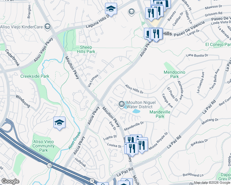 map of restaurants, bars, coffee shops, grocery stores, and more near 24378 Larchmont Court in Laguna Hills