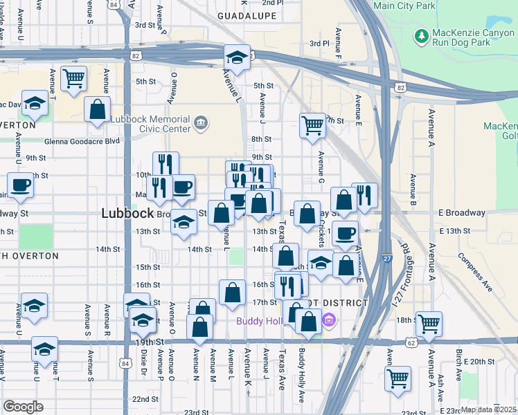 map of restaurants, bars, coffee shops, grocery stores, and more near in Lubbock