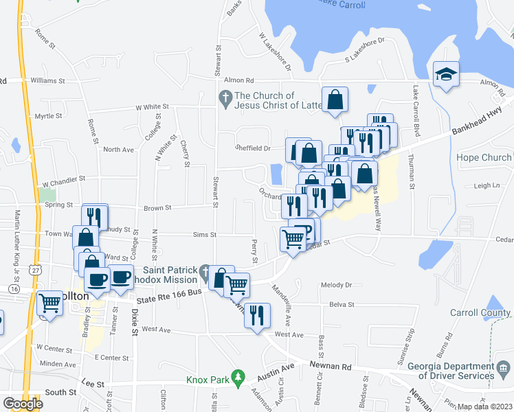 map of restaurants, bars, coffee shops, grocery stores, and more near 235 Perry Street in Carrollton
