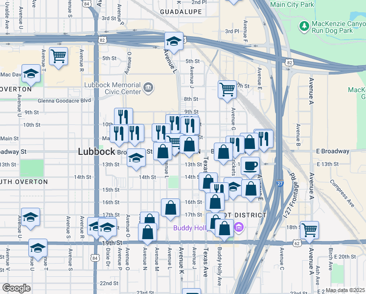 map of restaurants, bars, coffee shops, grocery stores, and more near in Lubbock