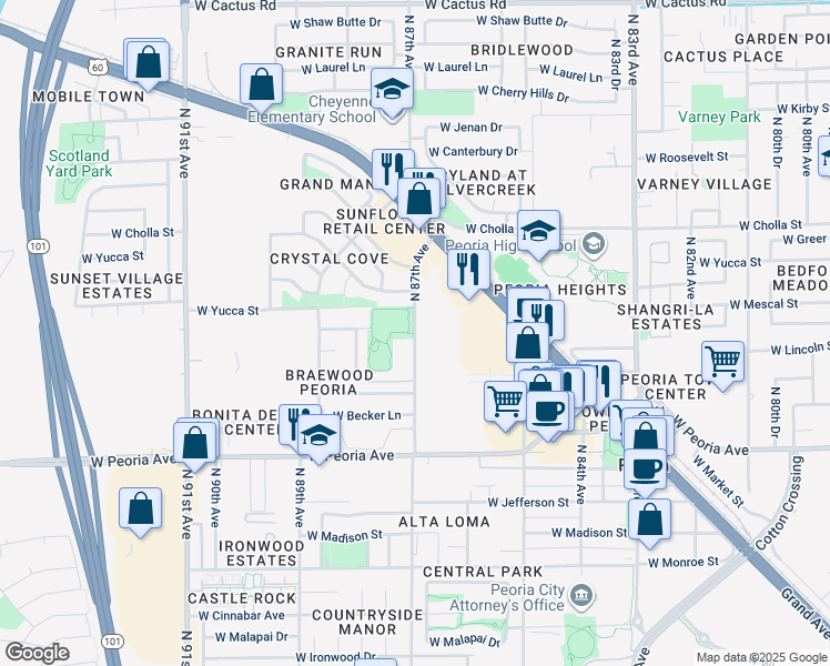 map of restaurants, bars, coffee shops, grocery stores, and more near 11039 North 87th Avenue in Peoria