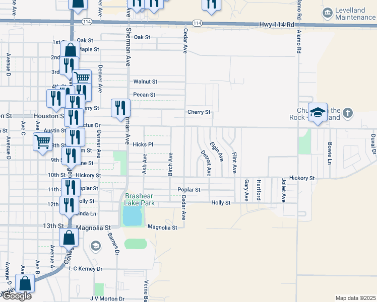 map of restaurants, bars, coffee shops, grocery stores, and more near 118 Detroit Ave in Levelland
