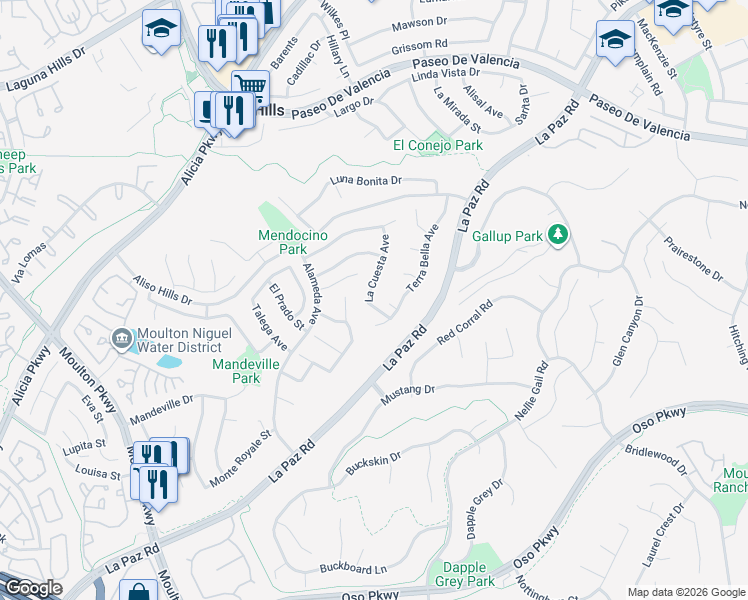 map of restaurants, bars, coffee shops, grocery stores, and more near 25982 La Cuesta Avenue in Laguna Hills