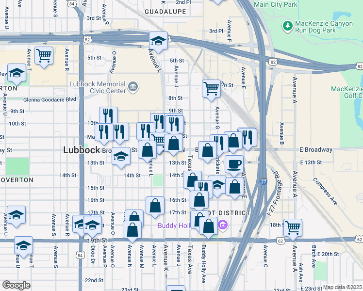 map of restaurants, bars, coffee shops, grocery stores, and more near in Lubbock