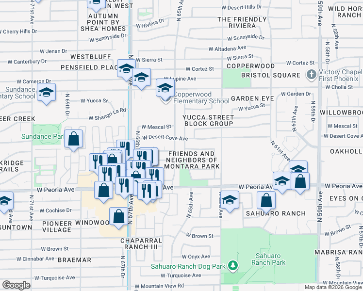 map of restaurants, bars, coffee shops, grocery stores, and more near 10845 North 65th Avenue in Glendale