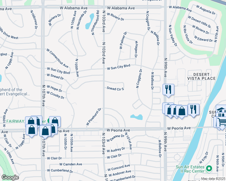 map of restaurants, bars, coffee shops, grocery stores, and more near 10236 Snead Circle South in Sun City