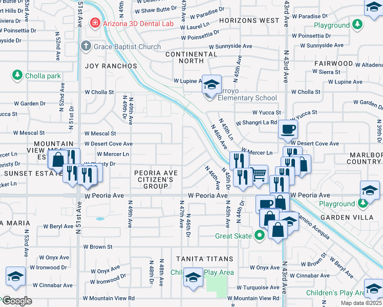 map of restaurants, bars, coffee shops, grocery stores, and more near 4625 West Mercer Lane in Glendale