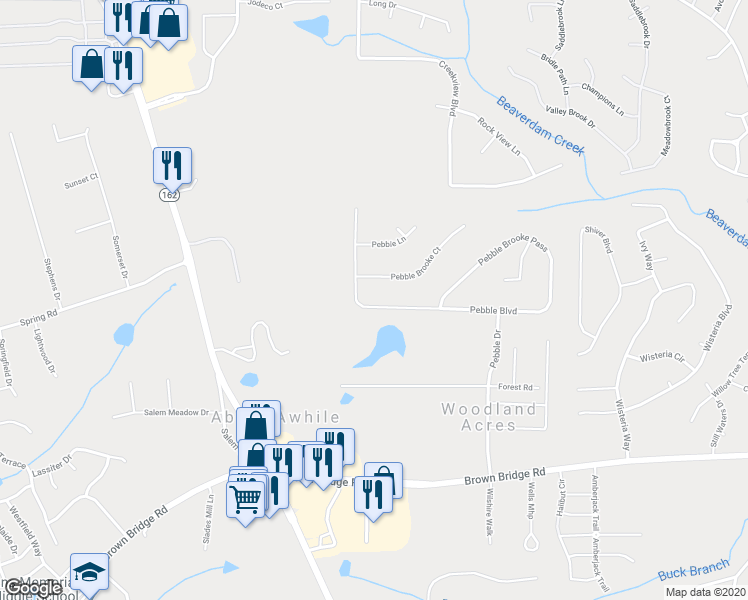 map of restaurants, bars, coffee shops, grocery stores, and more near 620 Pebble Boulevard in Covington