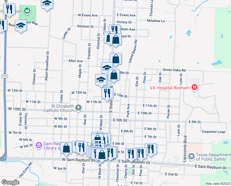 map of restaurants, bars, coffee shops, grocery stores, and more near 215 East 12th Street in Bonham