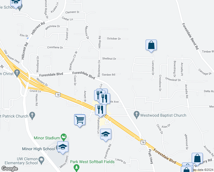 map of restaurants, bars, coffee shops, grocery stores, and more near 2576 Forestdale Boulevard in Birmingham