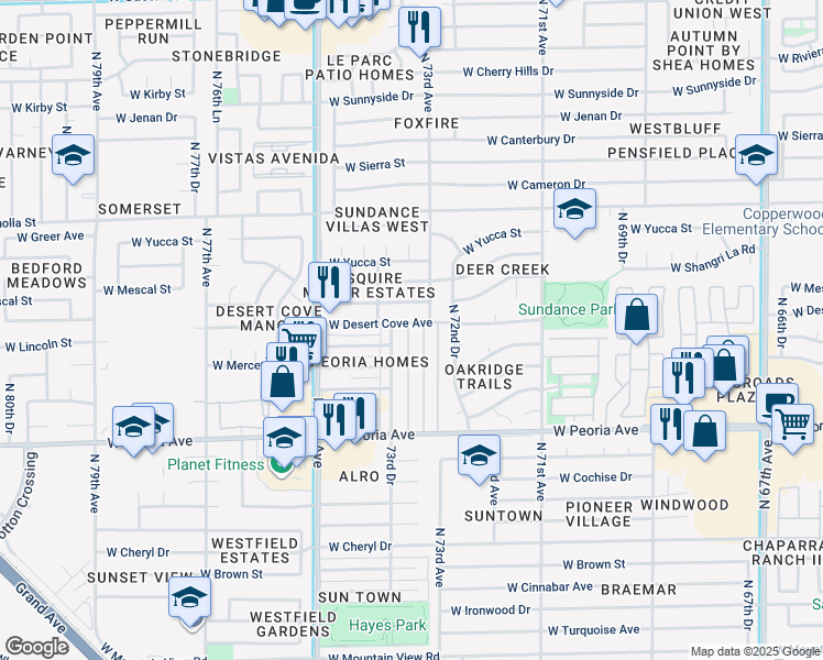 map of restaurants, bars, coffee shops, grocery stores, and more near 7344 West Peoria Avenue in Peoria
