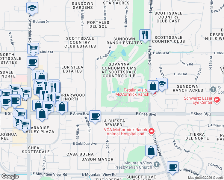 map of restaurants, bars, coffee shops, grocery stores, and more near 7702 East Shea Boulevard in Scottsdale