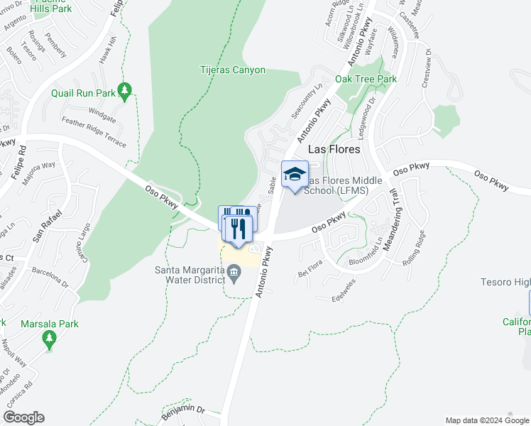 map of restaurants, bars, coffee shops, grocery stores, and more near 948 Sable in Rancho Santa Margarita