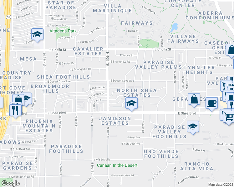 map of restaurants, bars, coffee shops, grocery stores, and more near 4032 East Becker Lane in Phoenix